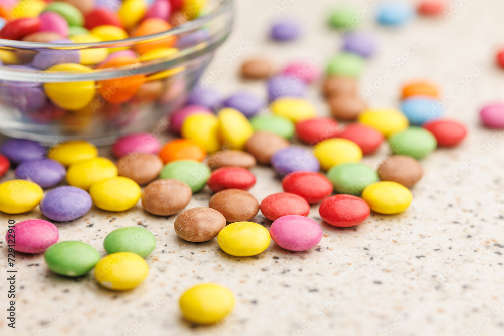 Colorful sweet candies on kitchen table. Colorful sweet candies on kitchen table.