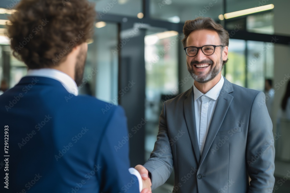 a man shaking hands with another man in a suit a man shaking hands with another man in a suit