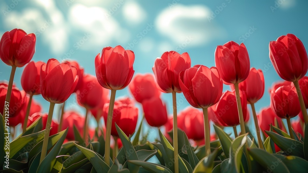 Red tulips in a tulip field in front of a blue sky