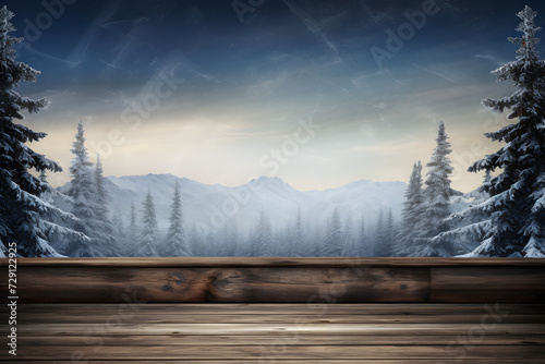 Dark Wooden Table Top on Winter Background