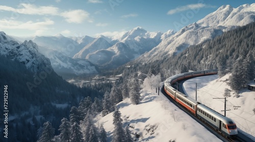 Aerial view of Train passing through mountains. express train in snow winter scene. generative ai © KBL Sungkid