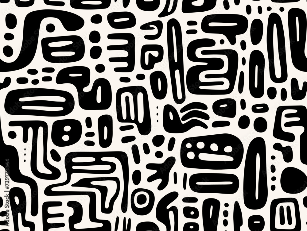 Perfectly seamless pattern, vector repeated abstract african texture. Tribal shapes background, black and white monochrome wallpaper