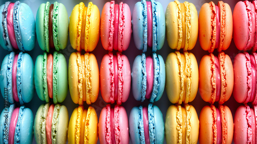 Delicate and colorful French macaroons arranged neatly, depicting the elegance and sweetness of these traditional confectionery treats