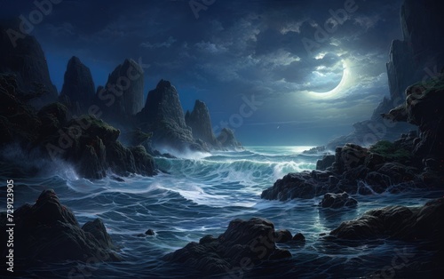 Rocky Seashore Under Moonlight