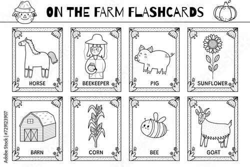 On the farm flashcards black and white collection. Flash cards for coloring in outline. Learn farm vocabulary for school and preschool. Vector illustration photo