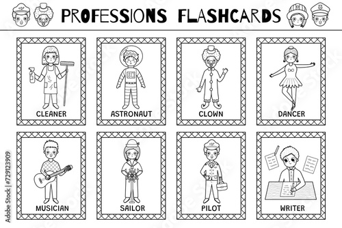 Professions flashcards black and white collection. Occupation flash cards set with cute kids characters for coloring in outline. Learning vocabulary for school and preschool. Vector illustration