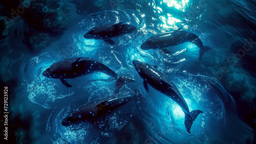 a tranquil ocean, where bioluminescent whales and dolphins create a symphony of light under the moon © Attila
