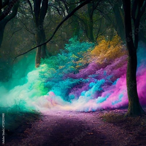 An ethereal forest where colorful swirls of powder paint gracefully dance among the trees, bringing the spirit of Holi to life in a magical and enchanted woodland