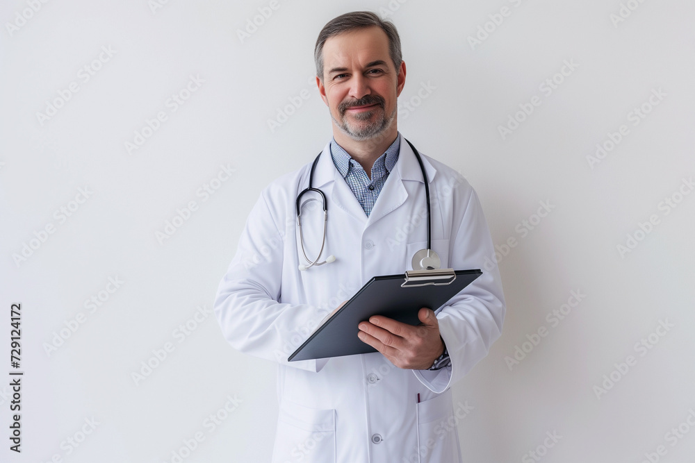 doctor in a medical coat holding a clipboard looking at the camera on white background doctor in a medical coat holding a clipboard looking at the camera on white background