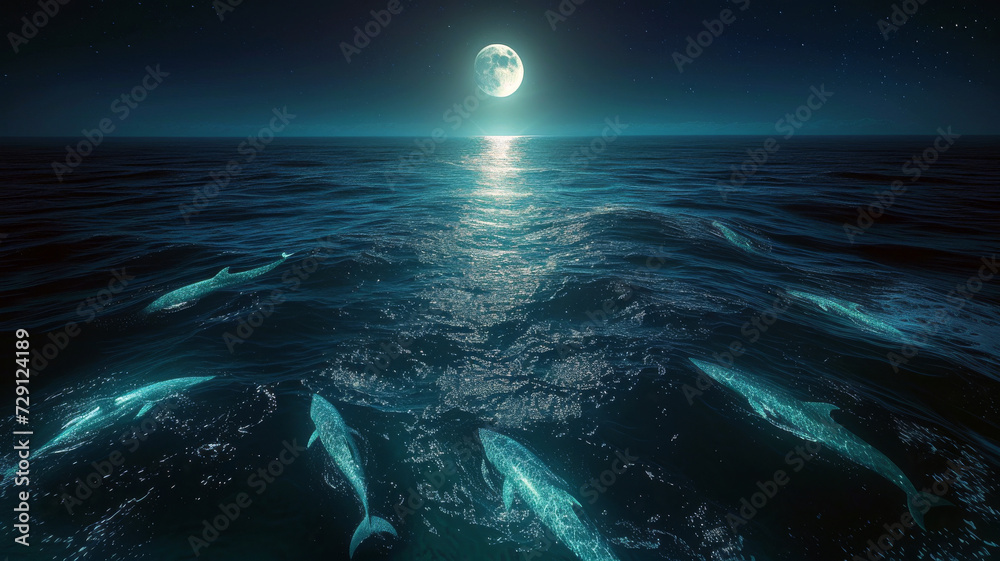 Tranquil Moonlit Ocean with Bioluminescent Whales and Dolphins