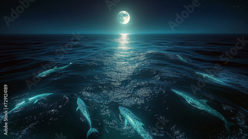 Tranquil Moonlit Ocean with Bioluminescent Whales and Dolphins © Attila
