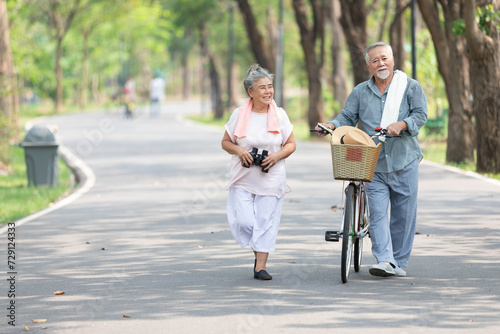 senior couple walking and holding bicycle in the park