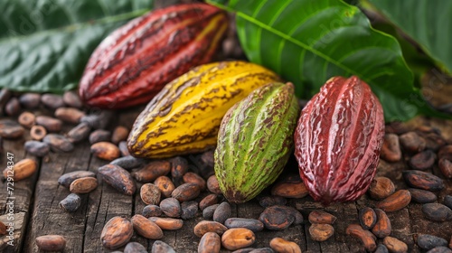 Cocoa beans, cocoa fruit on wooden surface