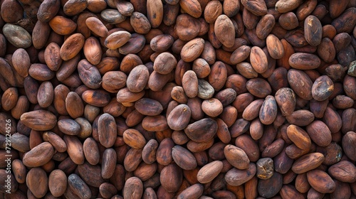 Dried cocoa beans and dried cocoa pods on wooden background