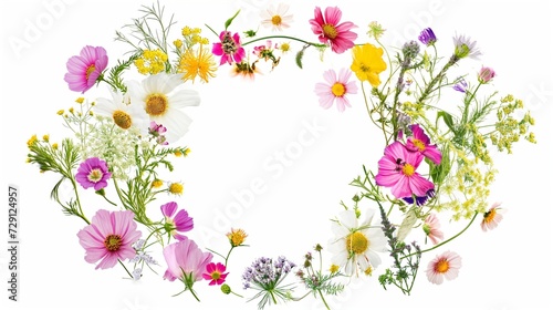 Wildflowers and green grass, bround circular arrangement of field wild flowers on white