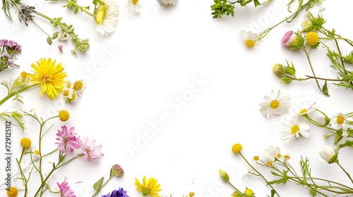 Wildflowers and green grass, bround circular arrangement of field wild flowers on white