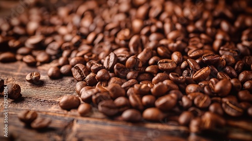 Coffee riot of coffee beans, coffee powder on dark wooden desk