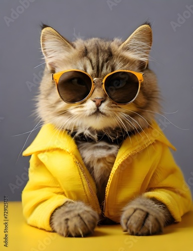 Close portrait of british furry cat in fashion sunglasses. Funny pet on bright yellow background. Kitten in eyeglass. Fashion style, cool animal concept with copy Generative AI  © Mirza