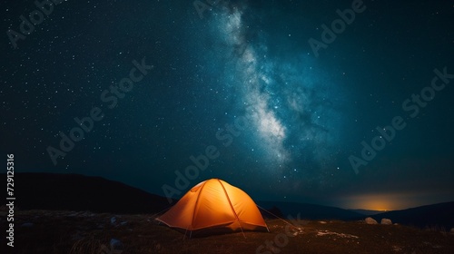 Night landscape with dark skies and stars, the milky way across the entire sky, a small illuminated tent on the ground,