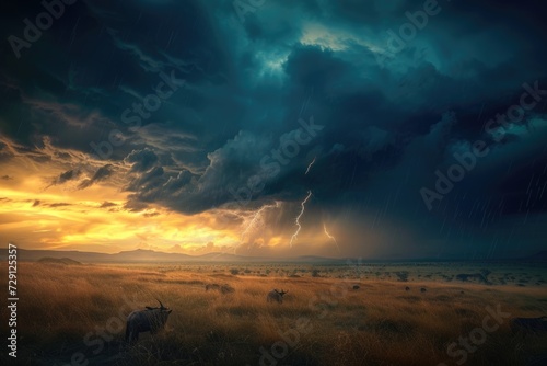 A vivid artwork of an African savannah scene, where the tranquility of a sunset is contrasted with the powerful drama of an approaching thunderstorm. Resplendent. © Summit Art Creations