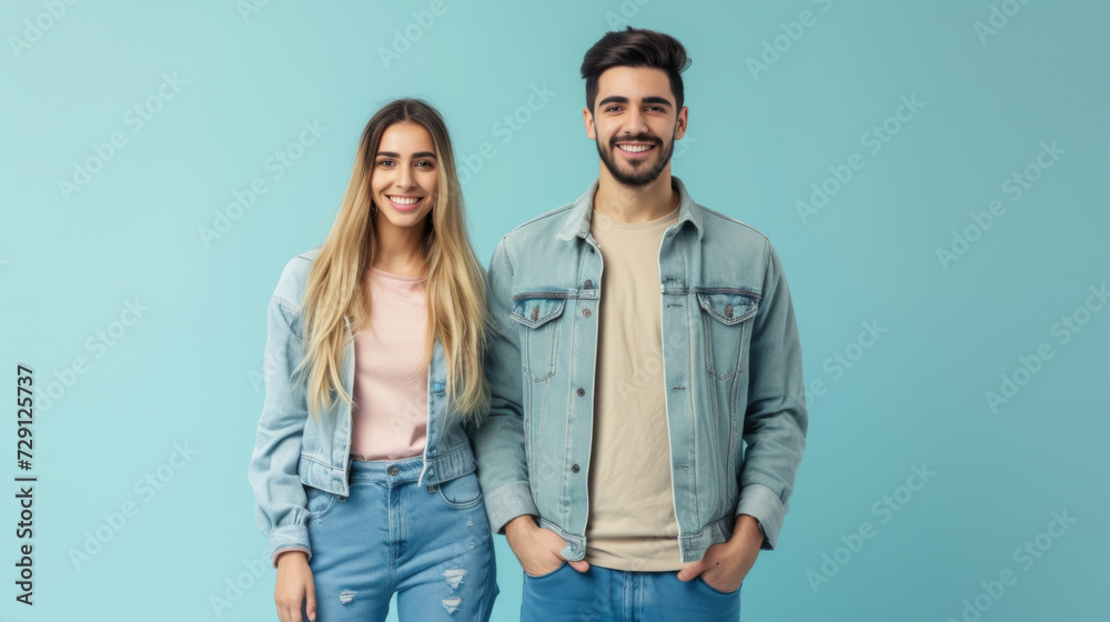 happy young couple dressed in denim, the woman with long blonde hair and the man with a beard, both smiling and standing against a light blue background happy young couple dressed in denim, the woman with long blonde hair and the man with a beard, both smiling and standing against a light blue background