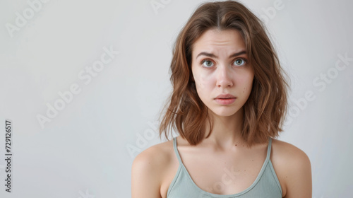 young woman with a surprised or confused expression, medium-length brown hair, wearing a tank top, against a light neutral background photo