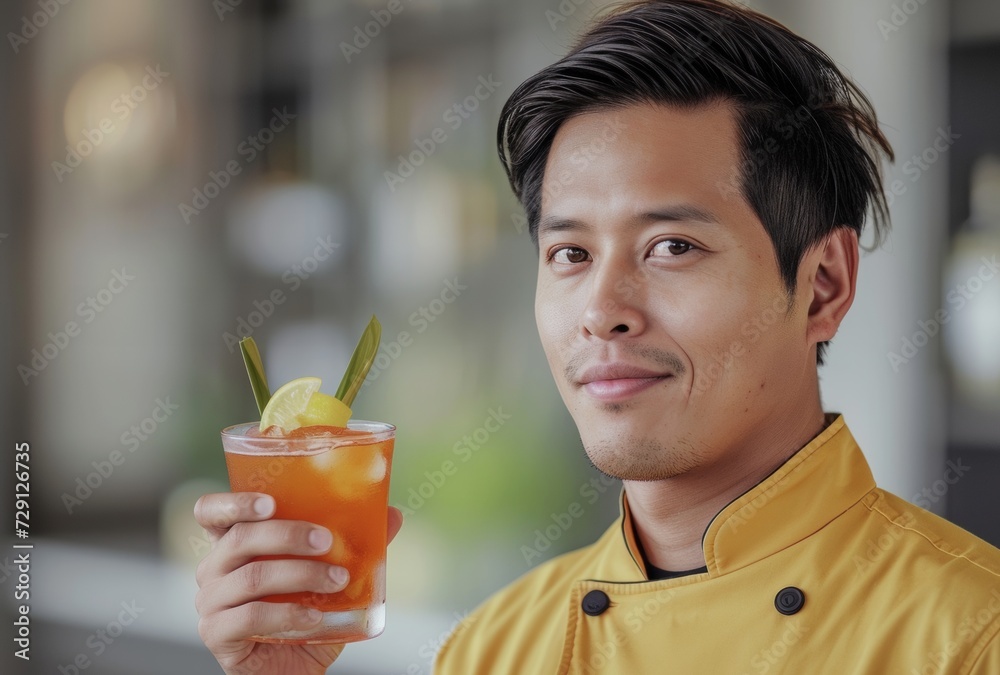 Talented Asian Chef Presenting a Signature Cocktail, Highlighting Culinary Craftsmanship, Beverage Expertise, and Fine Dining Experience in a Modern Setting