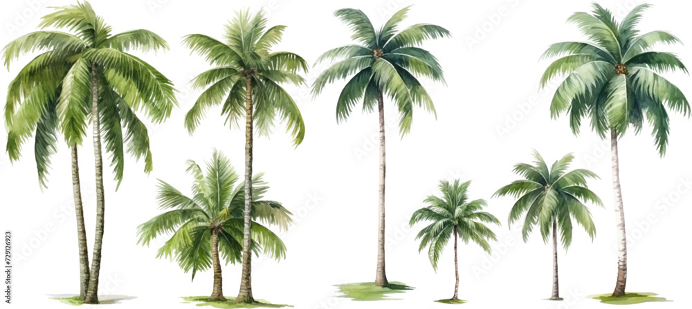 Set of watercolor coconut trees on transparent background. Set of watercolor coconut trees on transparent background.