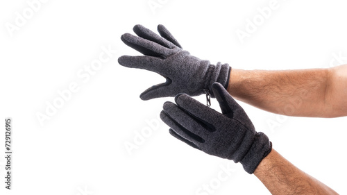 Male hands in winter textile gloves on a white isolated background