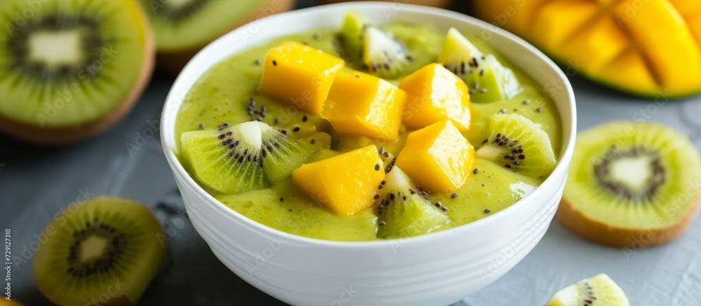 Mango and kiwi smoothie served with mango cubes in a white bowl. Mango and kiwi smoothie served with mango cubes in a white bowl.