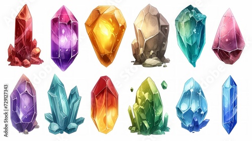 Set of fantasy colored gems for games. Diamonds with different cuts, fantasy mystic style. Isolated jewels, diamonds gem set photo