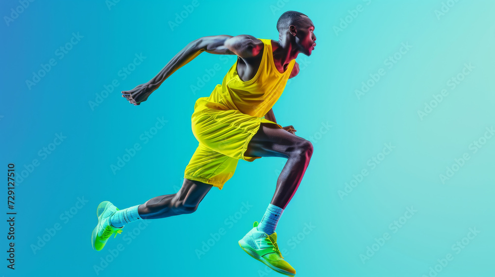 Obraz premium dynamic young athlete is captured in mid-sprint, dressed in bright sportswear against a vivid blue background