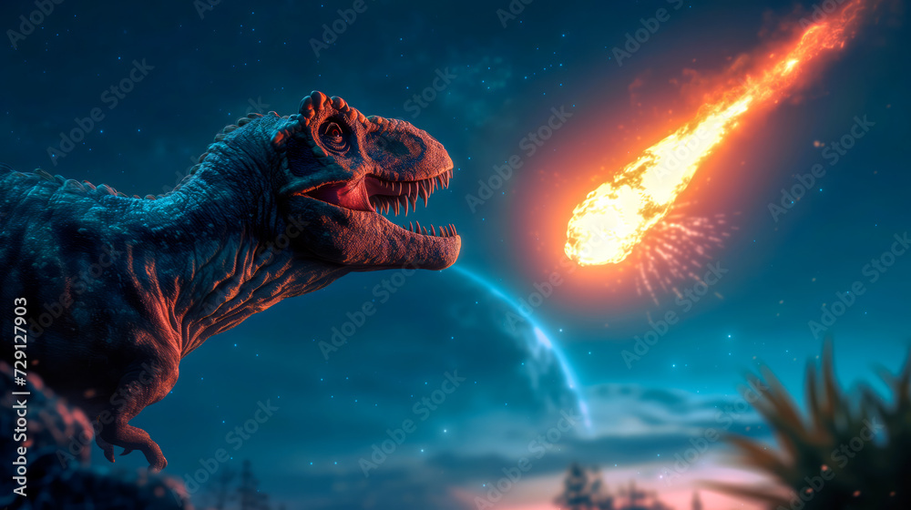 A  tyrannosaurus rex looks up to the sky at an asteroid / comet is about to crash into earth and cause a mass extinction