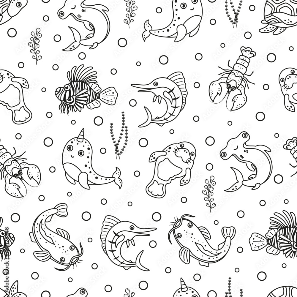 black and white seamless pattern with ocean fishes, vector background with hammerhead fish, catfish, manatee, swordfish, lionfish, turtle and lobster, flat style black and white seamless pattern with ocean fishes, vector background with hammerhead fish, catfish, manatee, swordfish, lionfish, turtle and lobster, flat style
