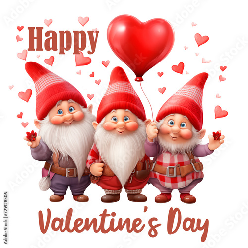 Gnome Happy Valentines Day PNG Sublimation Design Three valentine gnomes with heart shaped balloons illustration in red and pink colors isolated on transparent background