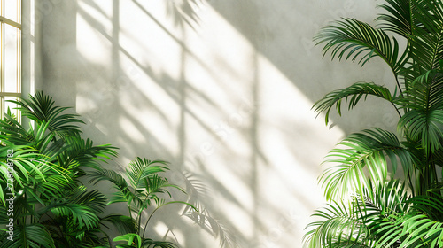 Architectural wall with shadows and natural elements, creating an abstract and artistic background with a focus on design and texture