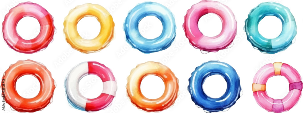 Set of watercolor swimming rings on transparent background.