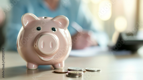 ?eramic piggy bank on a desk with a blurred background featuring a person and office equipment.
