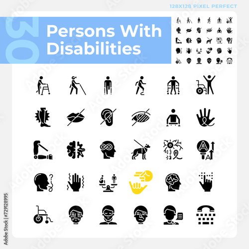People with disabilities black glyph icons set on white space. Intellectual disability, neurology illness. Genetic disorder. Silhouette symbols. Solid pictogram pack. Vector isolated illustration