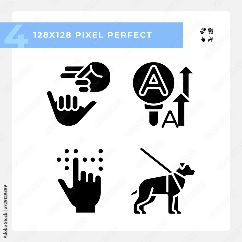 Accessibility for sensory disabilities black glyph icons set on white space. Nonverbal communication. Deafness support service. Silhouette symbols. Solid pictogram pack. Vector isolated illustration