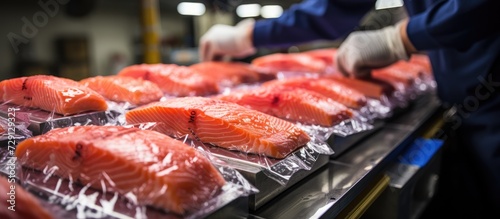 Salmon packaging process in a seafood factory