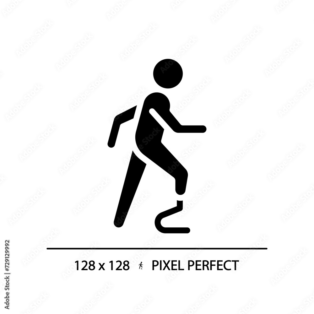 Prosthetic leg black glyph icon. Injury recovery, physiotherapy treatment. Biotechnology prosthesis. Medical condition. Silhouette symbol on white space. Solid pictogram. Vector isolated illustration Prosthetic leg black glyph icon. Injury recovery, physiotherapy treatment. Biotechnology prosthesis. Medical condition. Silhouette symbol on white space. Solid pictogram. Vector isolated illustration