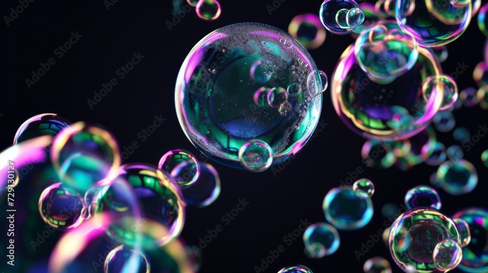 Closeup of a shiny soap bubbles with reflection on black background Closeup of a shiny soap bubbles with reflection on black background