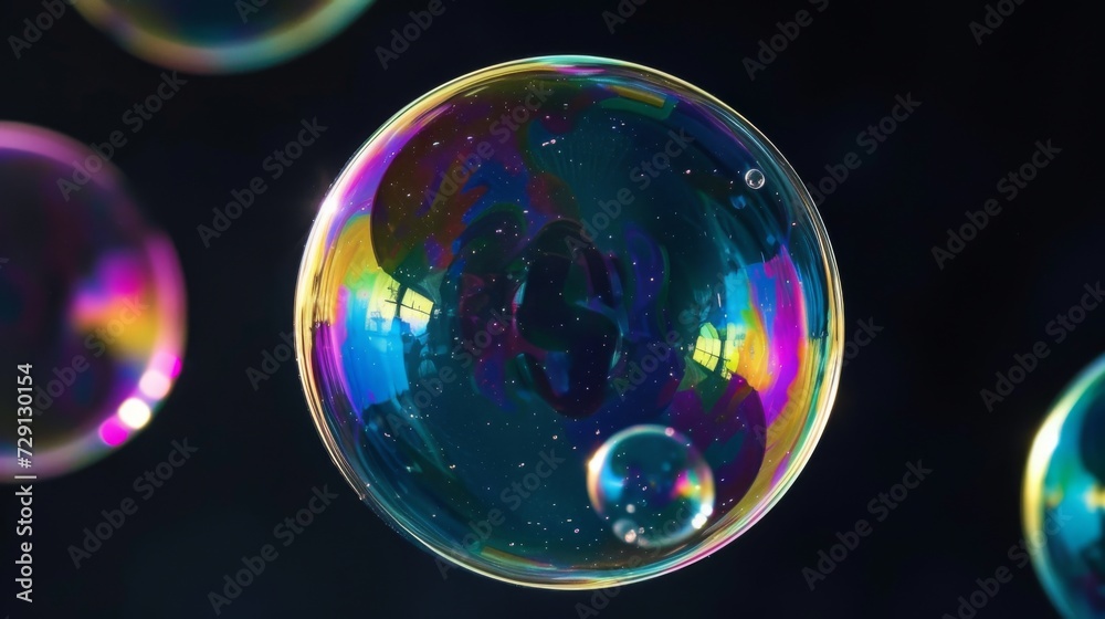 Closeup of a shiny soap bubbles with reflection on black background Closeup of a shiny soap bubbles with reflection on black background
