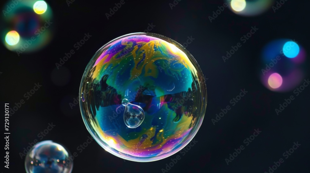 Closeup of a shiny soap bubbles with reflection on black background Closeup of a shiny soap bubbles with reflection on black background