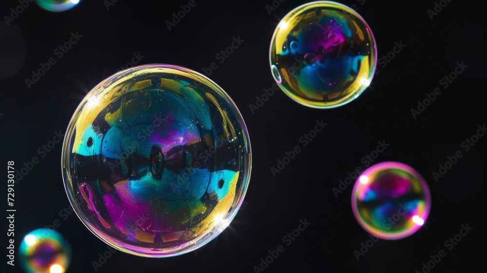 Closeup of a shiny soap bubbles with reflection on black background Closeup of a shiny soap bubbles with reflection on black background