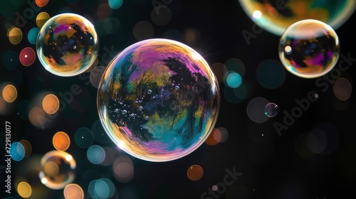 Closeup of a shiny soap bubbles with reflection on black background