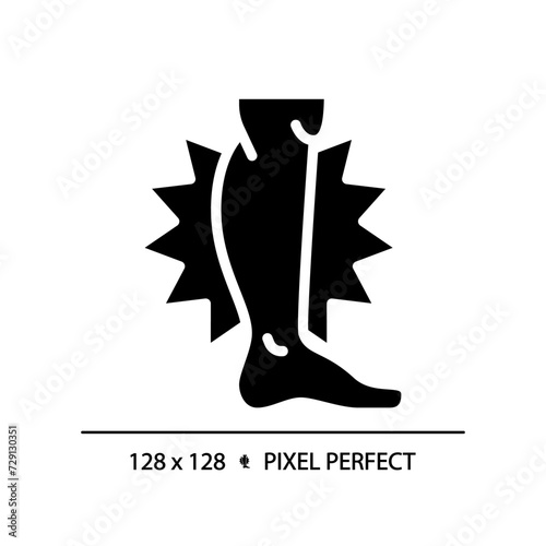 Leg cramps black glyph icon. Muscle pain, hormone imbalance. Neurological condition, stressed out. Healthcare massage. Silhouette symbol on white space. Solid pictogram. Vector isolated illustration