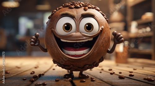 Cartoon style coffee bean character with eyes and a big smile, standing on a wooden surface.