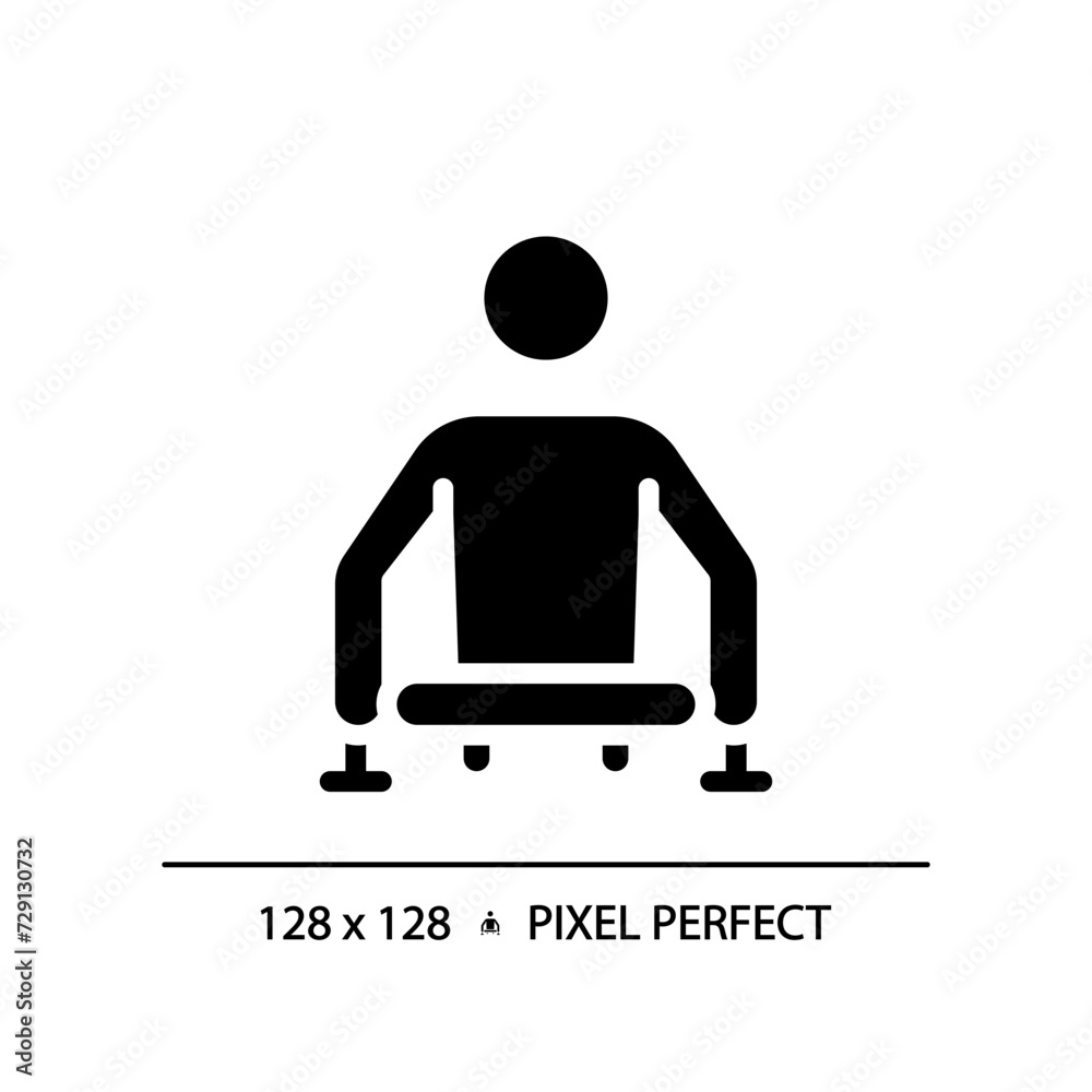 Person with no lower limbs black glyph icon. Amputation trauma care. Intellectual disability, genetic disorder. Silhouette symbol on white space. Solid pictogram. Vector isolated illustration Person with no lower limbs black glyph icon. Amputation trauma care. Intellectual disability, genetic disorder. Silhouette symbol on white space. Solid pictogram. Vector isolated illustration